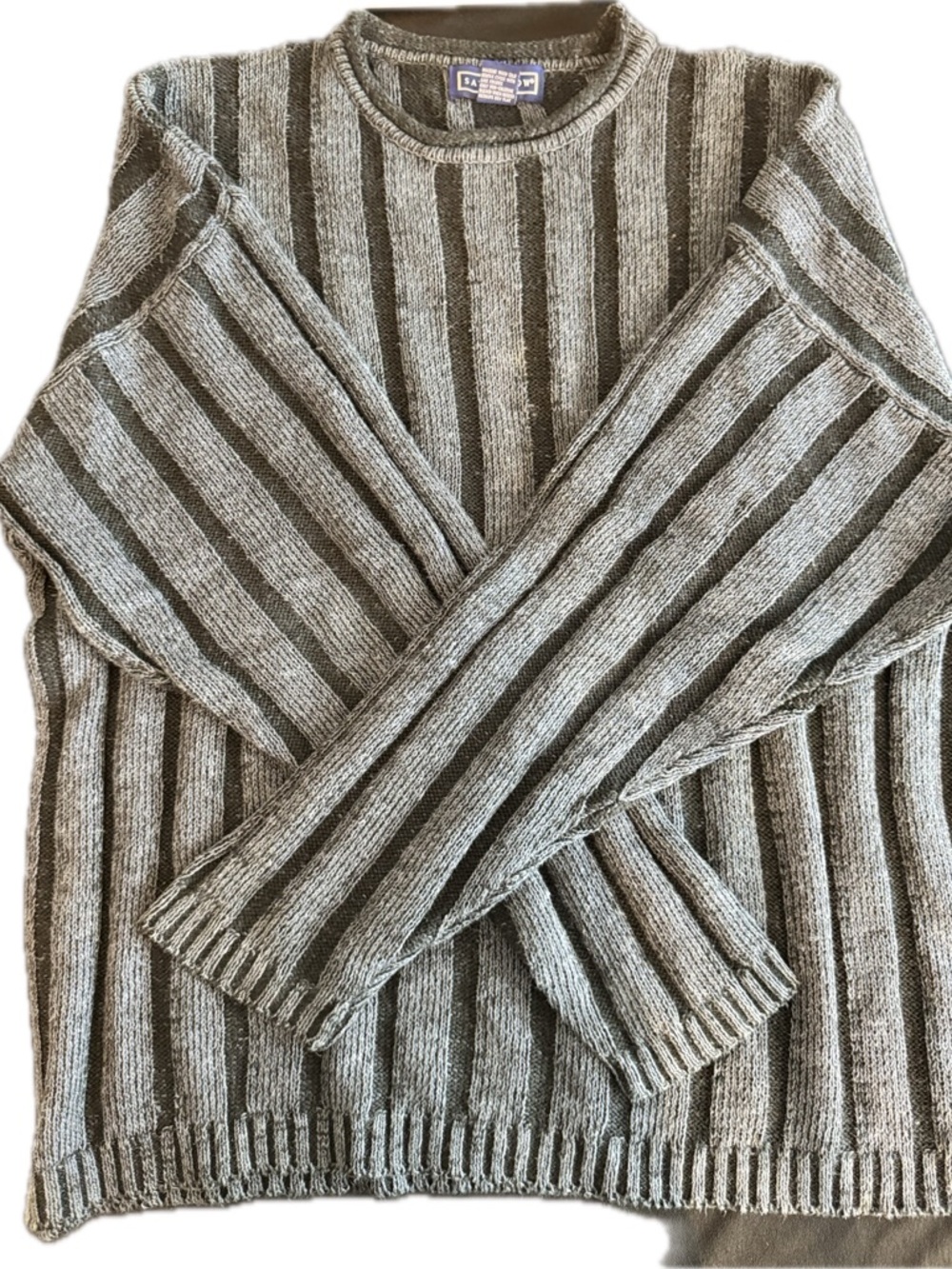 Savile Row Striped Knit Sweater XL Gray Ramie Cotton Textured